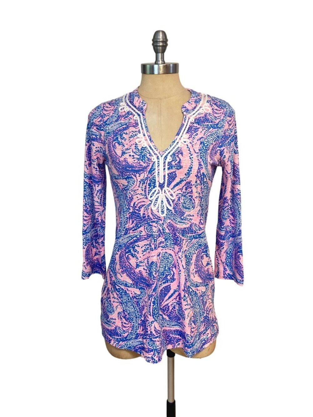 Lilly Pulitzer Top Kaia Tunic Knit Coastal Blue Maybe Gator Pink XS